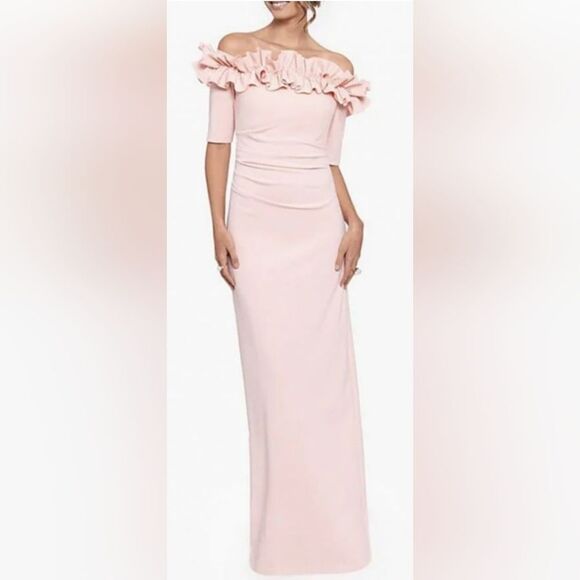 Xscape 3856 Isla Long Crepe Off the Shoulder Ruffle Dress NWT Size 8 Blush Pink - Picture 1 of 5